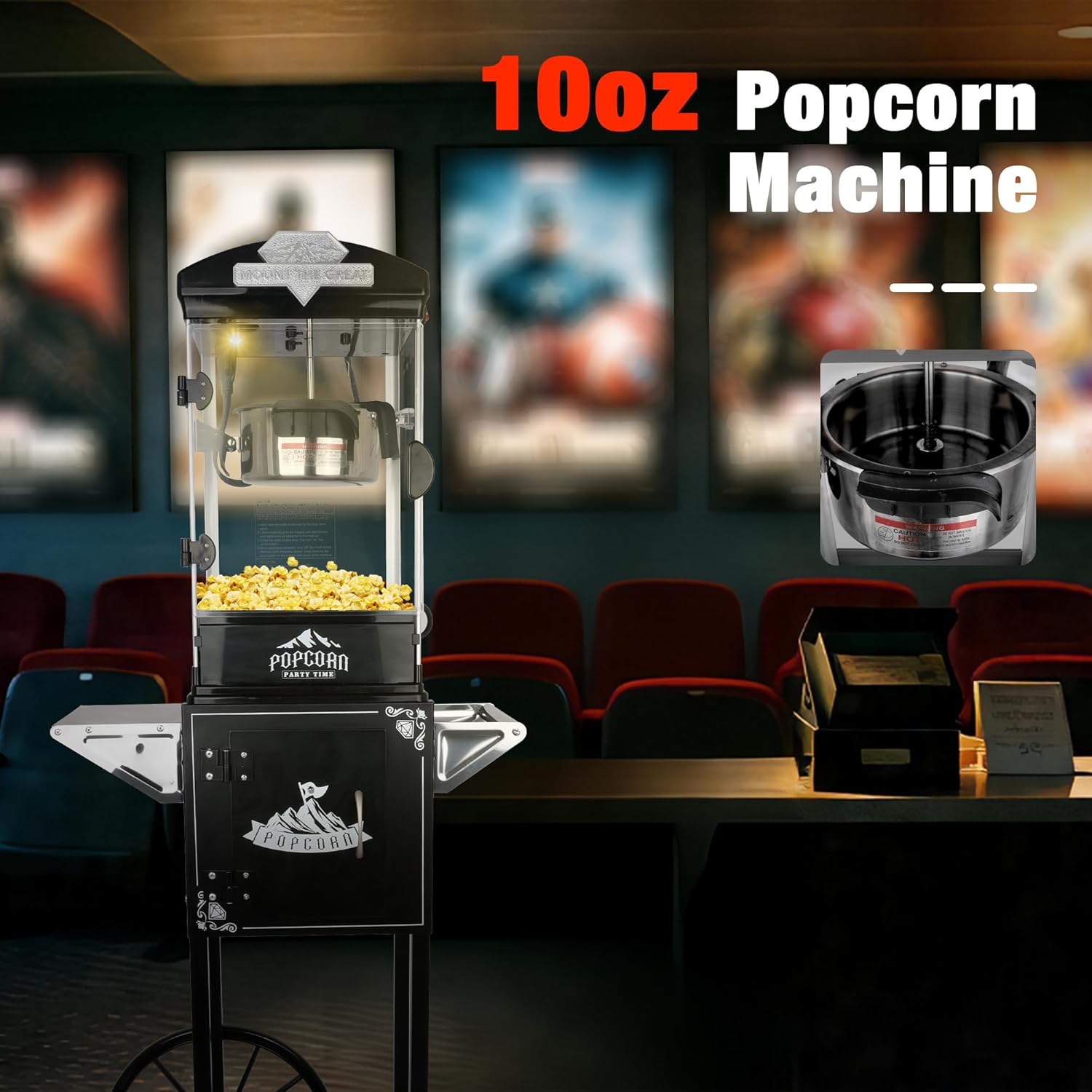 Popcorn Maker Machine - Professional Cart With 10 Oz Kettle Makes Up to 60 Cups, Stainless Steel Vintage Commercial Popcorn Machine Movie Theater Style (Black)