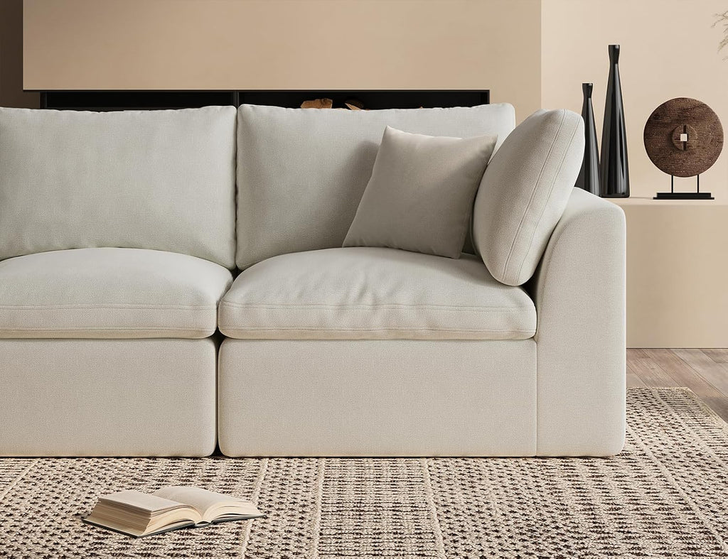 110" Cloud Sectional Couches for Living Room, Boneless U Shaped Couch with Ottoman, 3 Seater Modular Sectional Sofa, Warm White