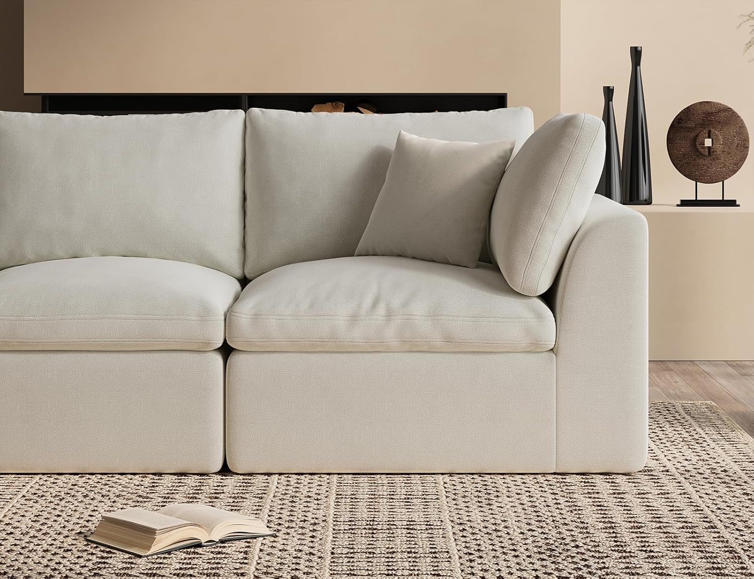 110" Cloud Sectional Couches for Living Room, Boneless U Shaped Couch with Ottoman, 3 Seater Modular Sectional Sofa, Warm White