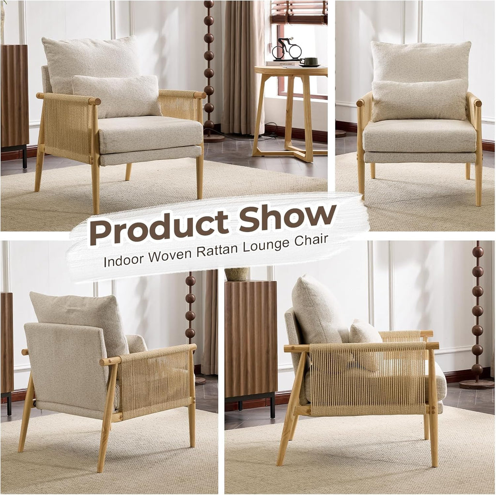 Karl home Cozy Chenille Accent Chair with Lumbar Pillow & Rattan Arms Modern Lounge Chair for Living Room, Bedroom, Reading Nook, Gray