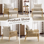 Karl home Cozy Chenille Accent Chair with Lumbar Pillow & Rattan Arms Modern Lounge Chair for Living Room, Bedroom, Reading Nook, Gray