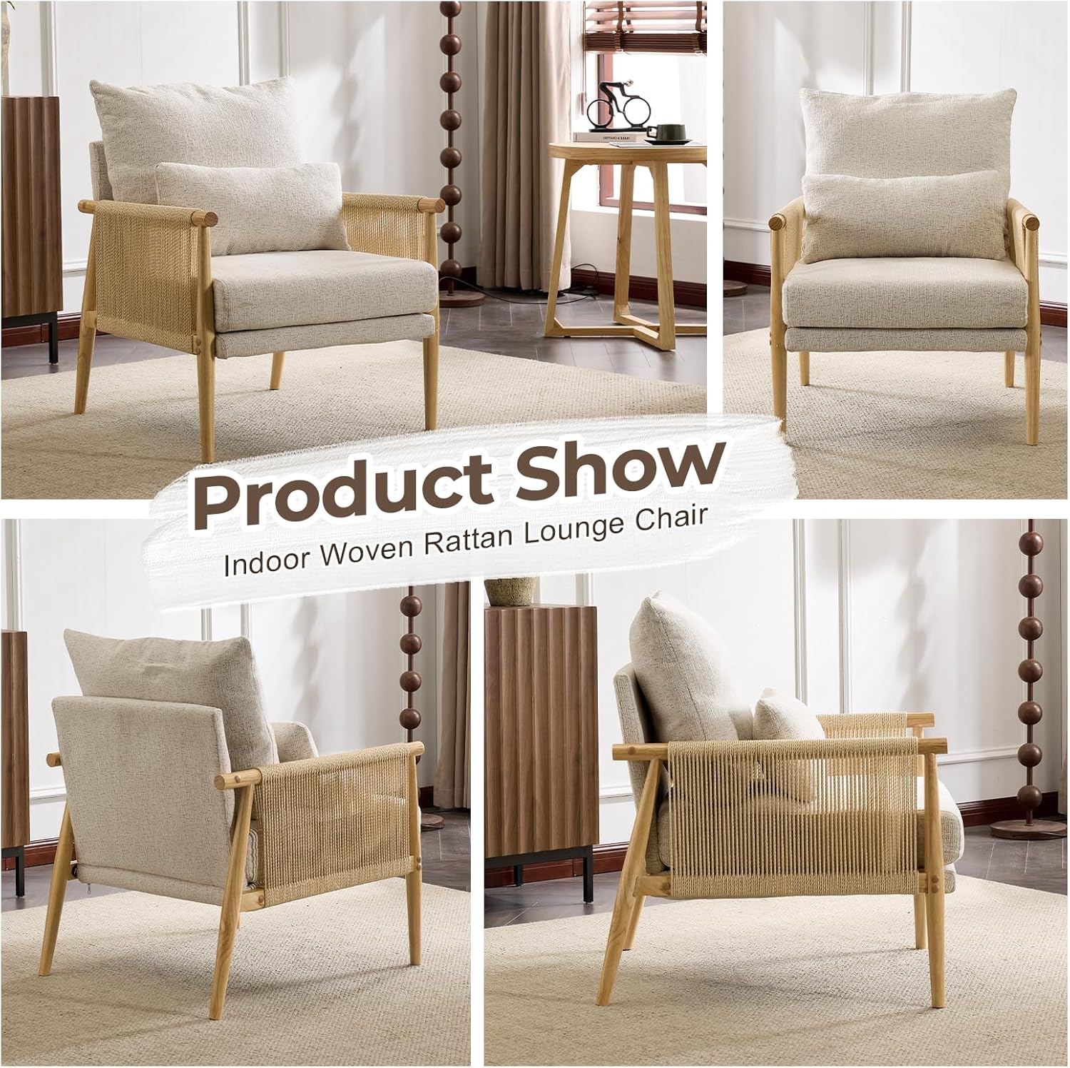 Karl home Cozy Chenille Accent Chair with Lumbar Pillow & Rattan Arms Modern Lounge Chair for Living Room, Bedroom, Reading Nook, Gray