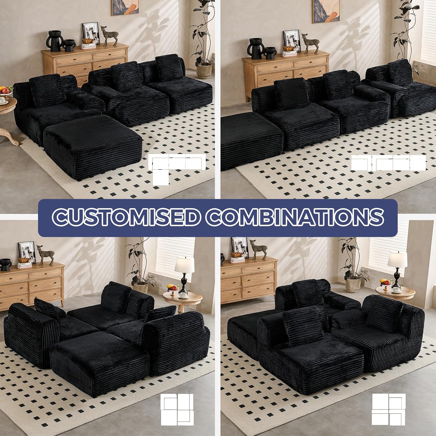 VK·LIVING 113" Cloud Sectional Couch 16.5'' Seat Height Sofa (Black)