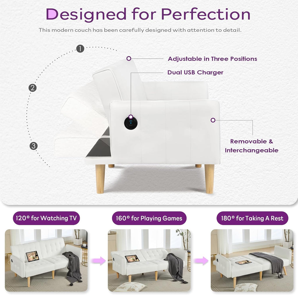 TYBOATLE Modern White Faux Leather Upholstered Convertible USB Folding Futon Sofa Bed, 65" Couch, Love Seats Furniture for Small Space Configuration, Apartment, Dorm, Living Room, Office