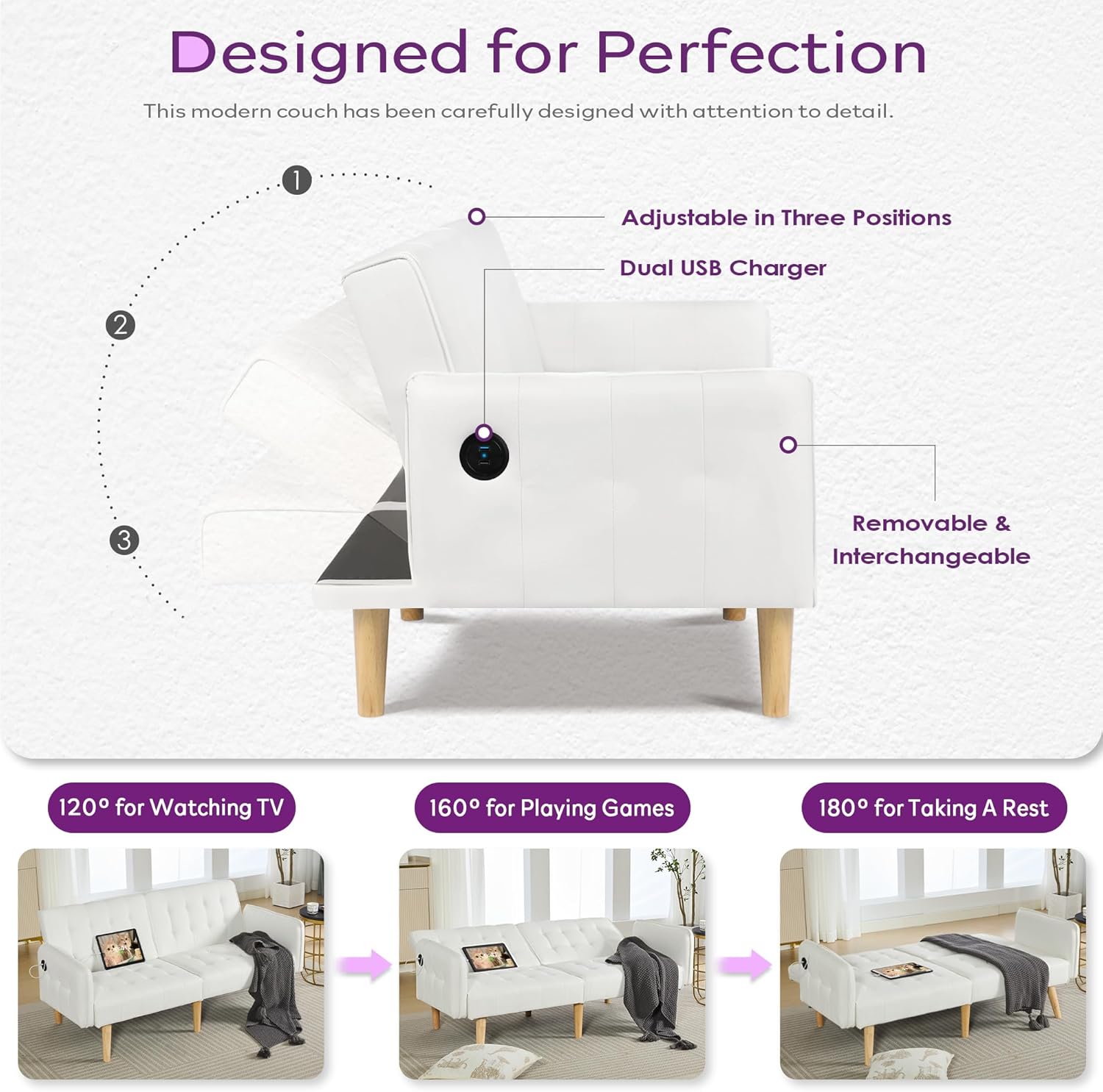 TYBOATLE Modern White Faux Leather Upholstered Convertible USB Folding Futon Sofa Bed, 65" Couch, Love Seats Furniture for Small Space Configuration, Apartment, Dorm, Living Room, Office