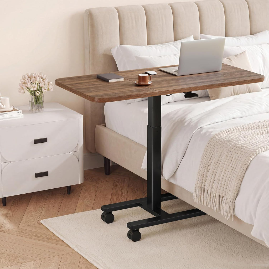Homkdom C Shaped Table with Wheels, Side End Table with Extended Desktop, Adjustable Rolling Desk for Small Space, Dorm, Height Adjustment (29.5"-44"), Walnut Brown