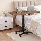 Homkdom C Shaped Table with Wheels, Side End Table with Extended Desktop, Adjustable Rolling Desk for Small Space, Dorm, Height Adjustment (29.5"-44"), Walnut Brown