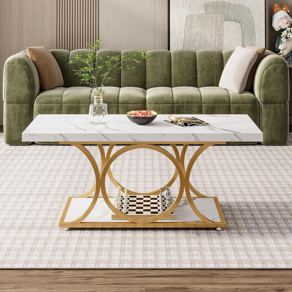 Tribesigns 46.45” Rectangle Coffee Table, Modern Coffee Tables for Living Room, 2-Tier Faux Marble Wood Coffee Table with Geometric Legs, Furniture with Storage Shelf (White & Gold)