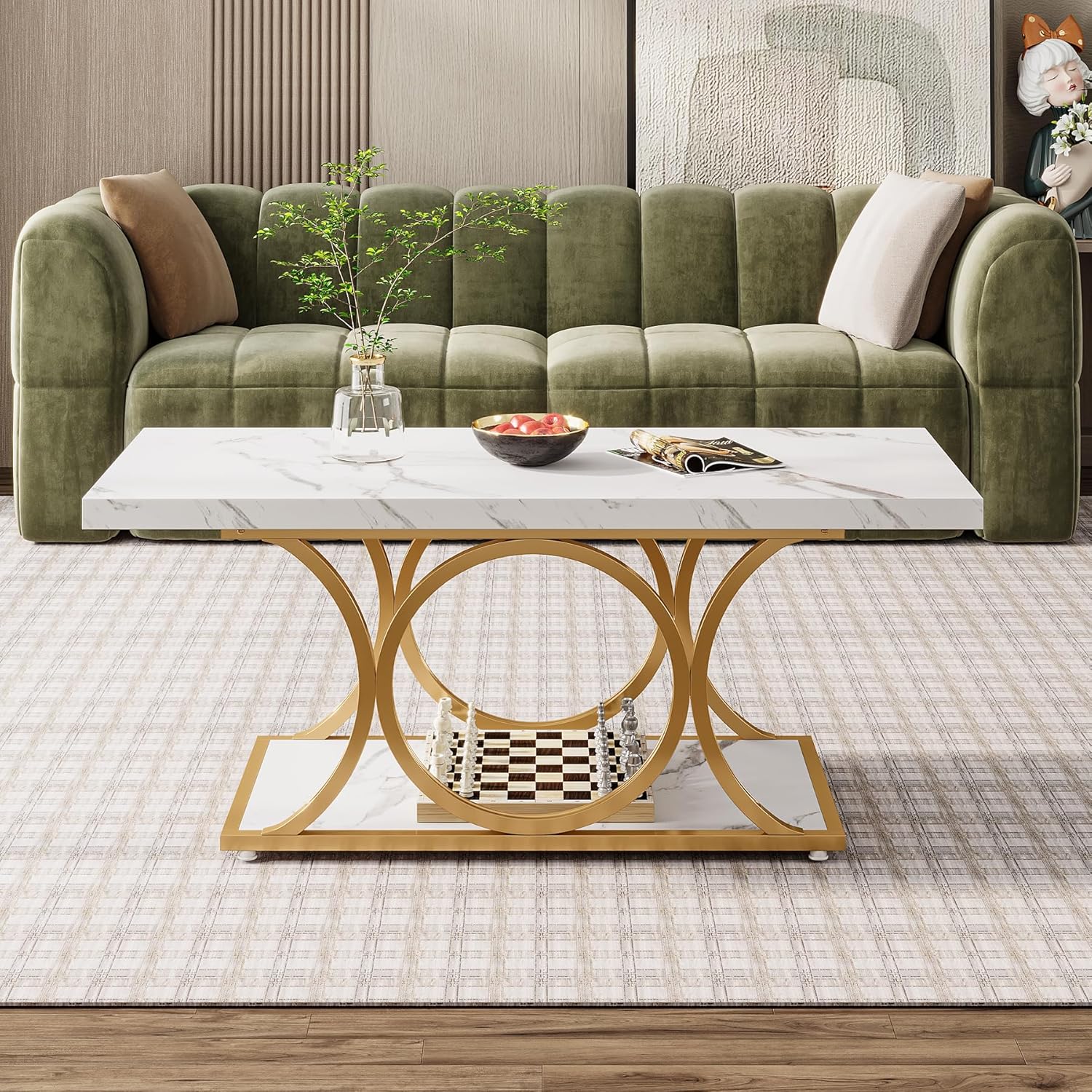 Tribesigns 46.45” Rectangle Coffee Table, Modern Coffee Tables for Living Room, 2-Tier Faux Marble Wood Coffee Table with Geometric Legs, Furniture with Storage Shelf (White & Gold)