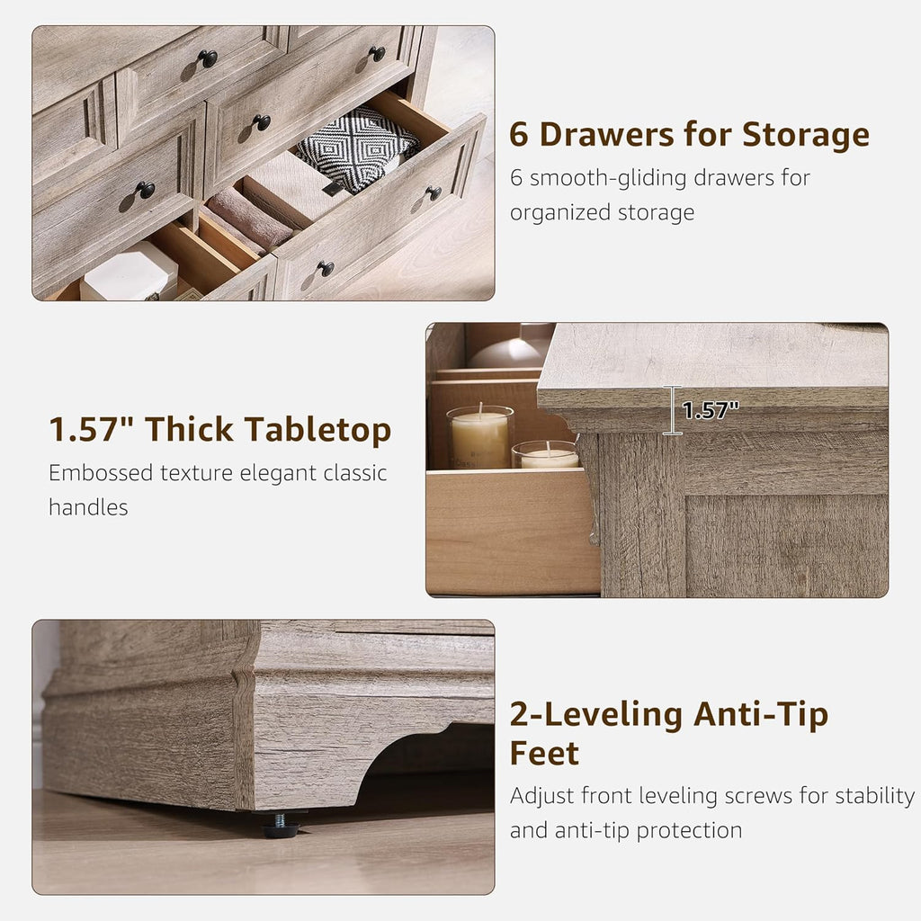 T4TREAM Farmhouse 7 Drawers Dresser for Bedroom, 54" Wide Wood Rustic Chest of Drawers w/Roman Column, Wooden Storage Dressers Organizer for Bedroom, Living Room, Light Rustic Oak