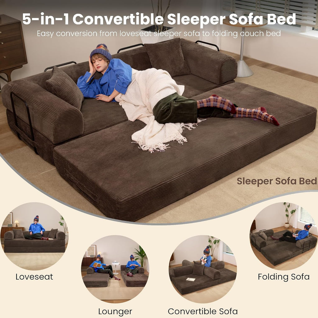 Convertible Sleeper Sofa Bed, 78" Corduroy Foldable Boneless Modular Couch, Memory Foam Compressed Sofa in A Box W/Plush Fabric Comfy Floor Lounge Couch for Living Room Apartment Bedroom, Brown