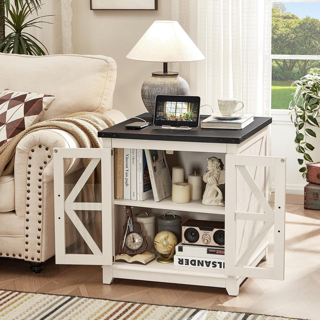 Farmhouse Coffee Table Sets 3 Pieces, 24'' End Table with Charger and Narrow 14'' Nightstand w/Glass Barn Door, Large Coffee Tables with Hidden Storage Organizer, Living Room Sets