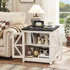 Farmhouse Coffee Table Sets 3 Pieces, 24'' End Table with Charger and Narrow 14'' Nightstand w/Glass Barn Door, Large Coffee Tables with Hidden Storage Organizer, Living Room Sets