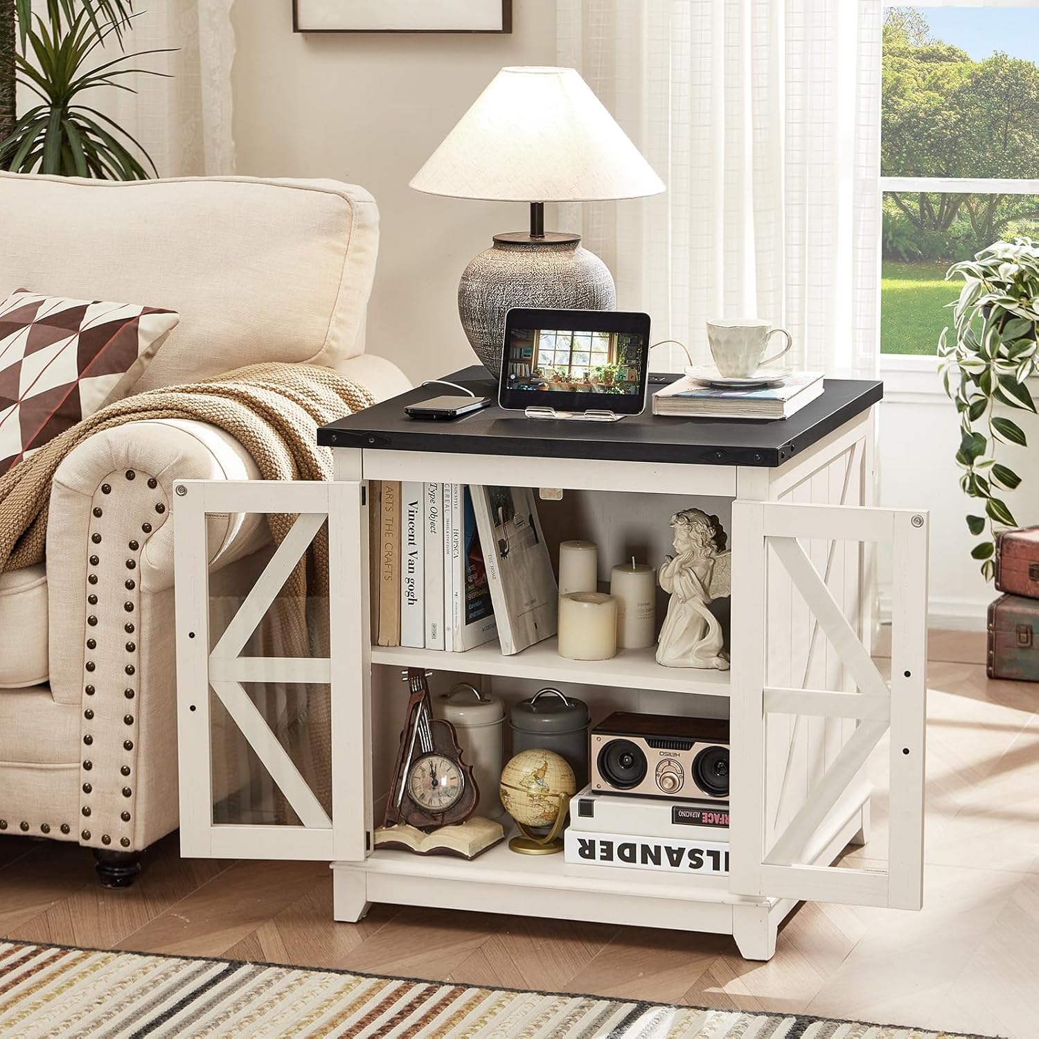 Farmhouse End Table with Charging Station Set 2, 24" Large Sofa Side Table with Glass Barn Door,White Nightstand with Adjustable Storage Shelf,Wood Square Bedside Table for Living Room,Bedroom