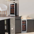 Ca'Lefort 15 Inch Wine Fridge & Cooler - Dual Zone 28 Bottles Wine Cooler with Glass Door, Small Wine Refrigerator with 3 LED Light Built-in for Home Bar Kitchen Left-Hinged Door (3.0 cu.ft)
