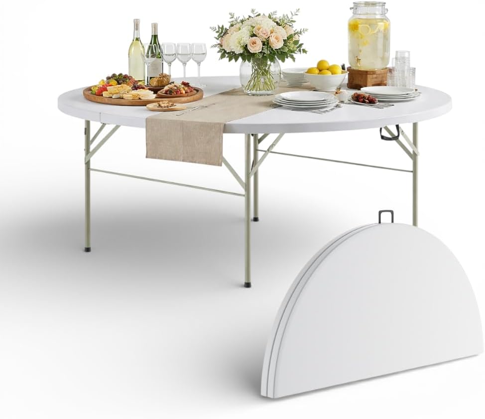 6 Ft Round Bi-Fold Folding Table with Carry Handle, 72" Bi-fold Table, Portable Plastic Table with Steel Legs for Party, Dining, Wedding, Events, Picnic, Indoor Outdoor Use