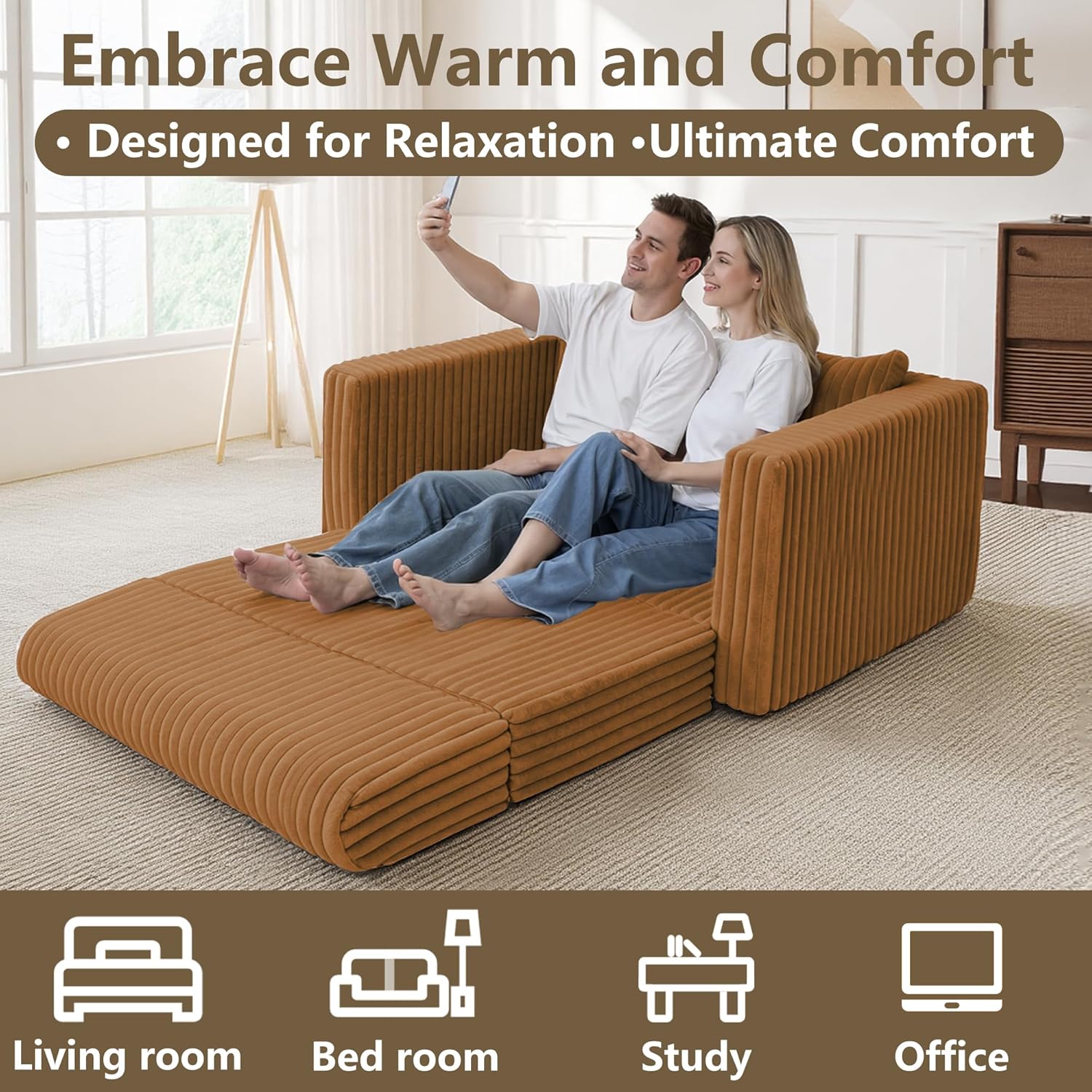 HABUTWAY Folding Sofa Bed, 2 in 1 Convertible Sleeper Chair with Pillow, Portable Fold Out Chair Bed with Armrest, Comfy Floor Couch, Lazy Sofa for Living Room Bedroom Dorm Home Office, Orange