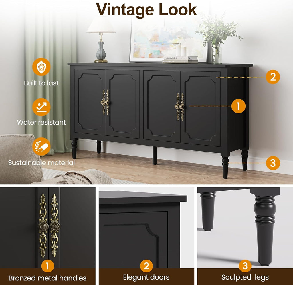 Console Table, 58'' Mid Century Modern Pantry Cabinet, Wood Buffet Sideboard, Media Credenza with 4 Doors, Accent Storage for Entryway, Living Room, Bedroom, Dining Room (Black)
