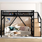 Bellemave Queen Loft Bed with Stairs and Built-in Wardrobe, Metal Loft Bed Frame with Storage Shelves, Heavy Duty Loft Beds with USB Ports and LED Lights for Adults, Boys, Girls, Teens, Natural Wood