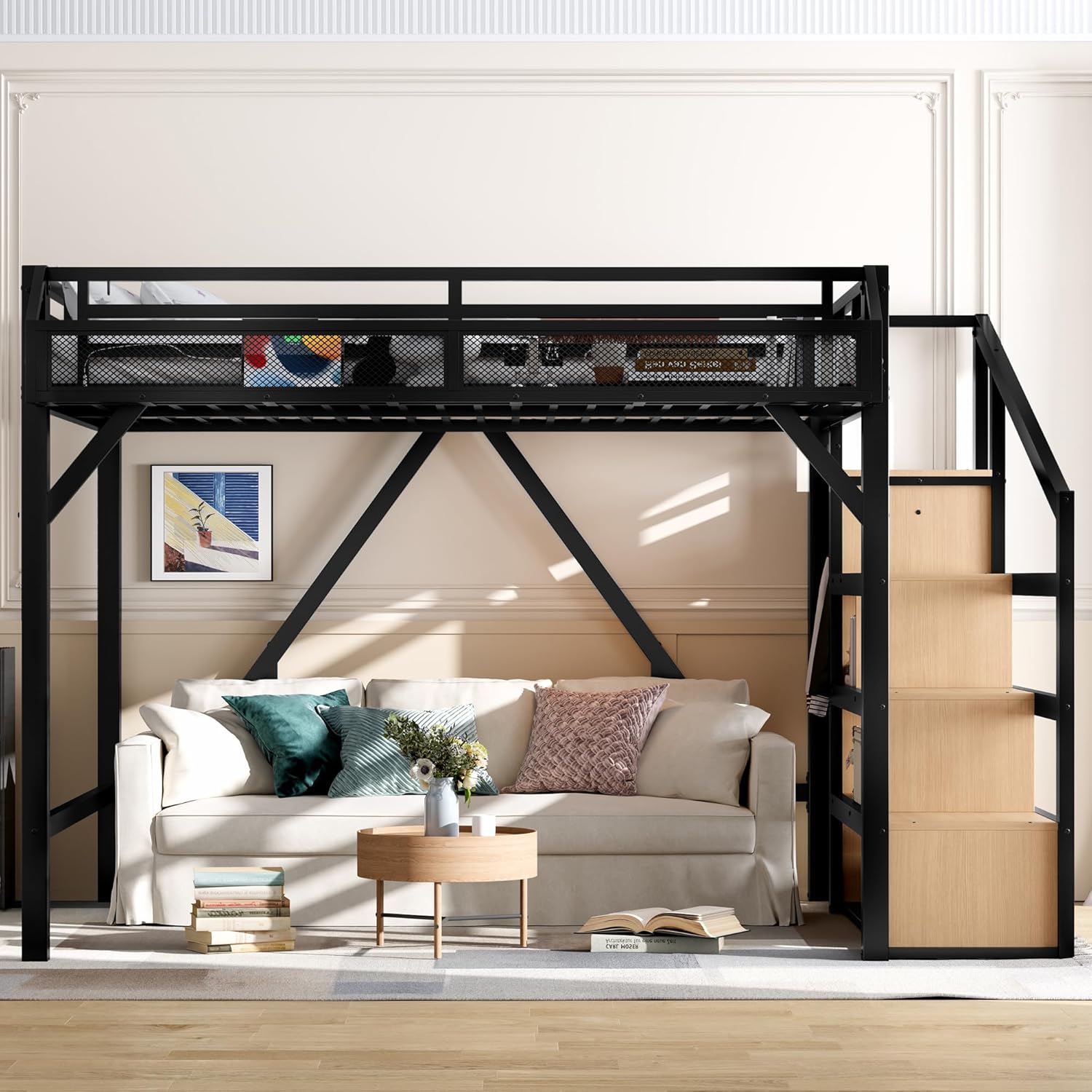 Bellemave Queen Loft Bed with Stairs and Built-in Wardrobe, Metal Loft Bed Frame with Storage Shelves, Heavy Duty Loft Beds with USB Ports and LED Lights for Adults, Boys, Girls, Teens, Natural Wood