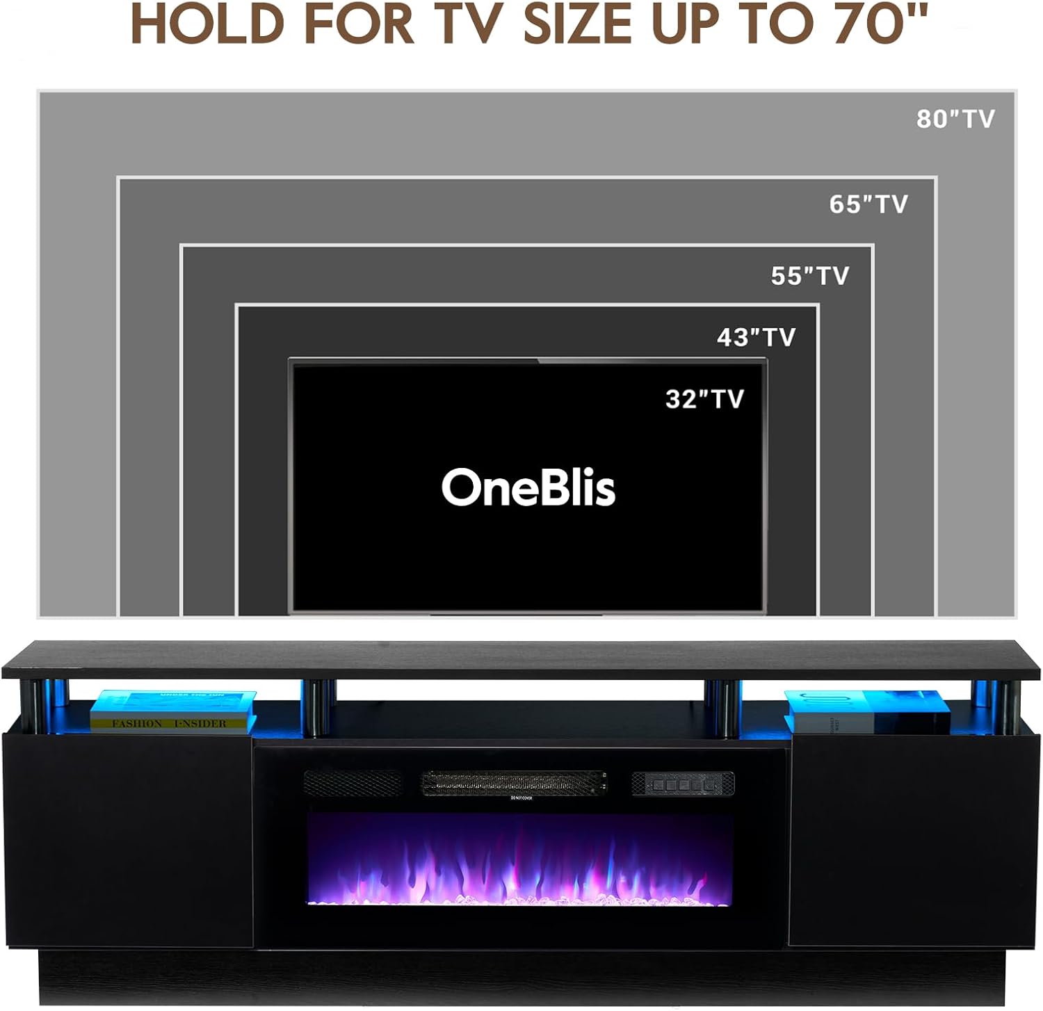 70" TV Stand for Living Room, Modern Entertainment Center & Media Console, Fits TVs up to 80", Storage Cabinet with Shelves, 36" Electric Fireplace with LED Flame (All Black)