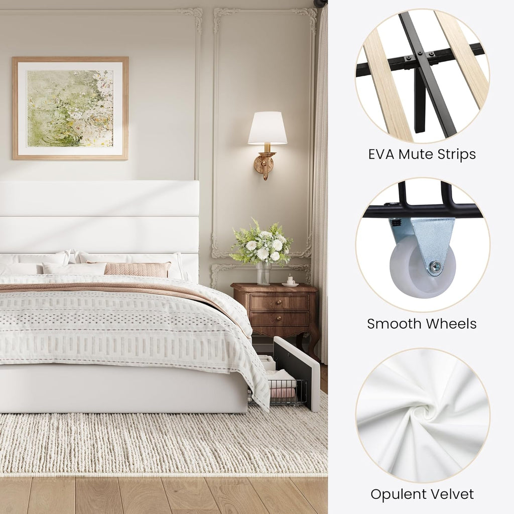 SHA CERLIN Queen Size Platform Bed Frame with 4 Storage Drawers, Velvet Upholstered Headboard, Mattress Foundation with Wooden Slats Support, No Box Spring Needed, Easy Assembly, White