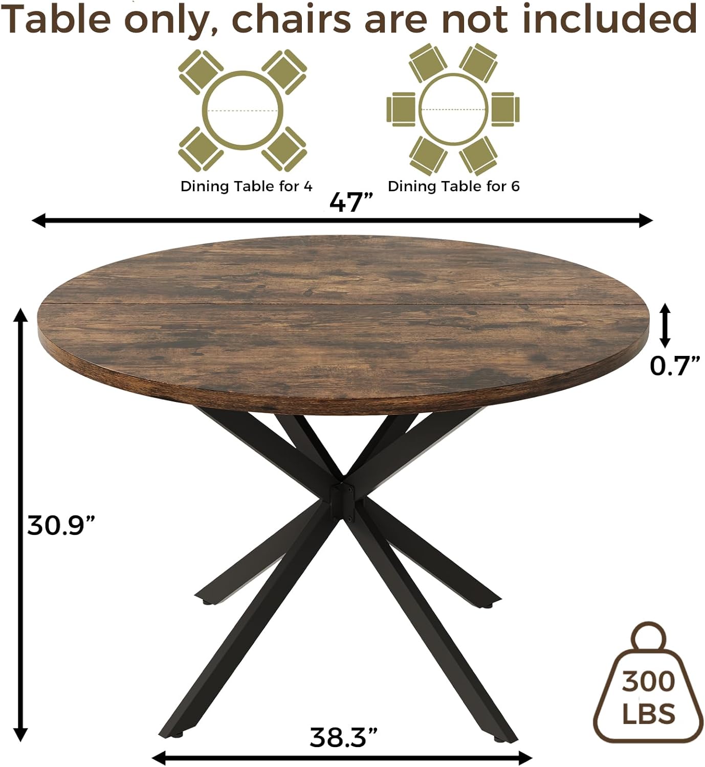 Vantic 47" Round Dining Table for 4-6 People, Farmhouse Wood Kitchen Table for Small Space,Circle Dining Table with Metal Base for Kitchen & Living Room, Rustic Brown