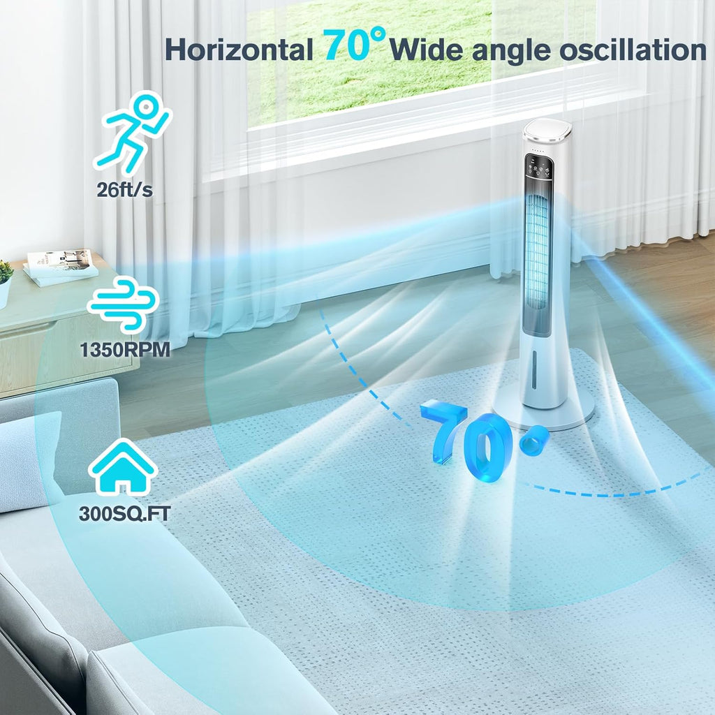 Windowless Portable Air Conditioners, 37.7’’ Evaporative Air Cooler w/Remote, Cooling Tower Fan, 2.5L Water Tank & Ice Packs, 12H Auto-off, 70° Oscillating, Ultra-Quiet Standing Fan For HomeOffice