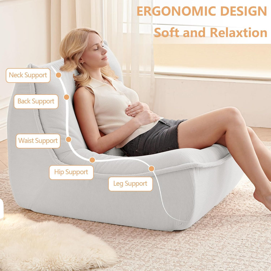 Bean Bag Chair for Adults, Single Lounge Chair with Lumbar Pillow, Comfy Floor Sofa with High-Resilience Foam, Lazy Accent Chair for Living Room, Bedroom, Apartment, Or Reading Corner, White