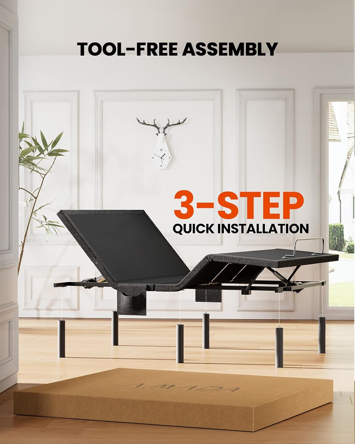 Amada Queen Adjustable Bed Frame with Massage, Head & Foot Incline, Wireless Remote, 4 Built-in USB Ports, LED Night Light, 4 Height-Adjustable Legs, Electric Bed Base, 01B-Q1
