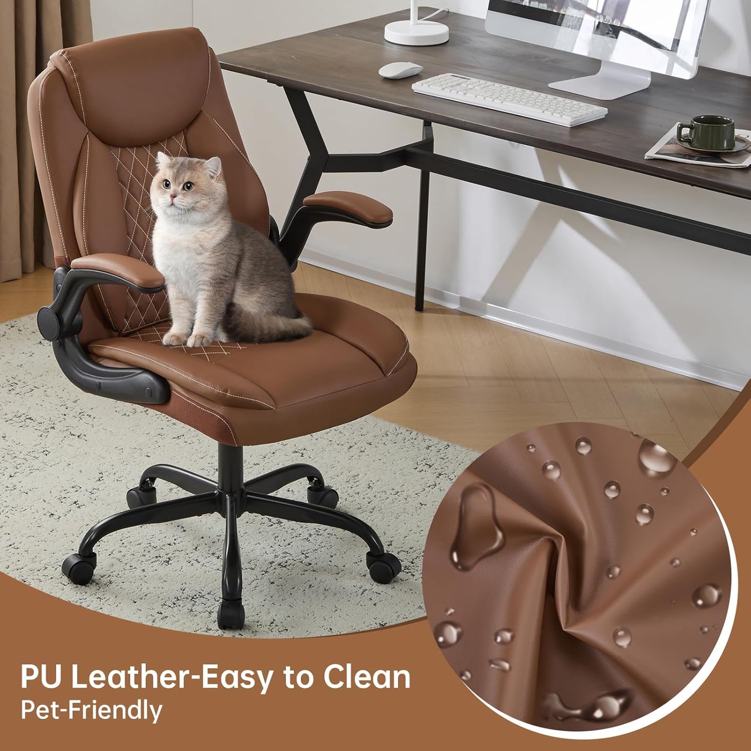 YFO Leather Office Ergonomic Home Office Desk Chair, Back Support Swivel Executive Office Chair with Wheels and Flip-Up Armrests, Small Gaming Chair with Adjustable Rocking Function, Brown