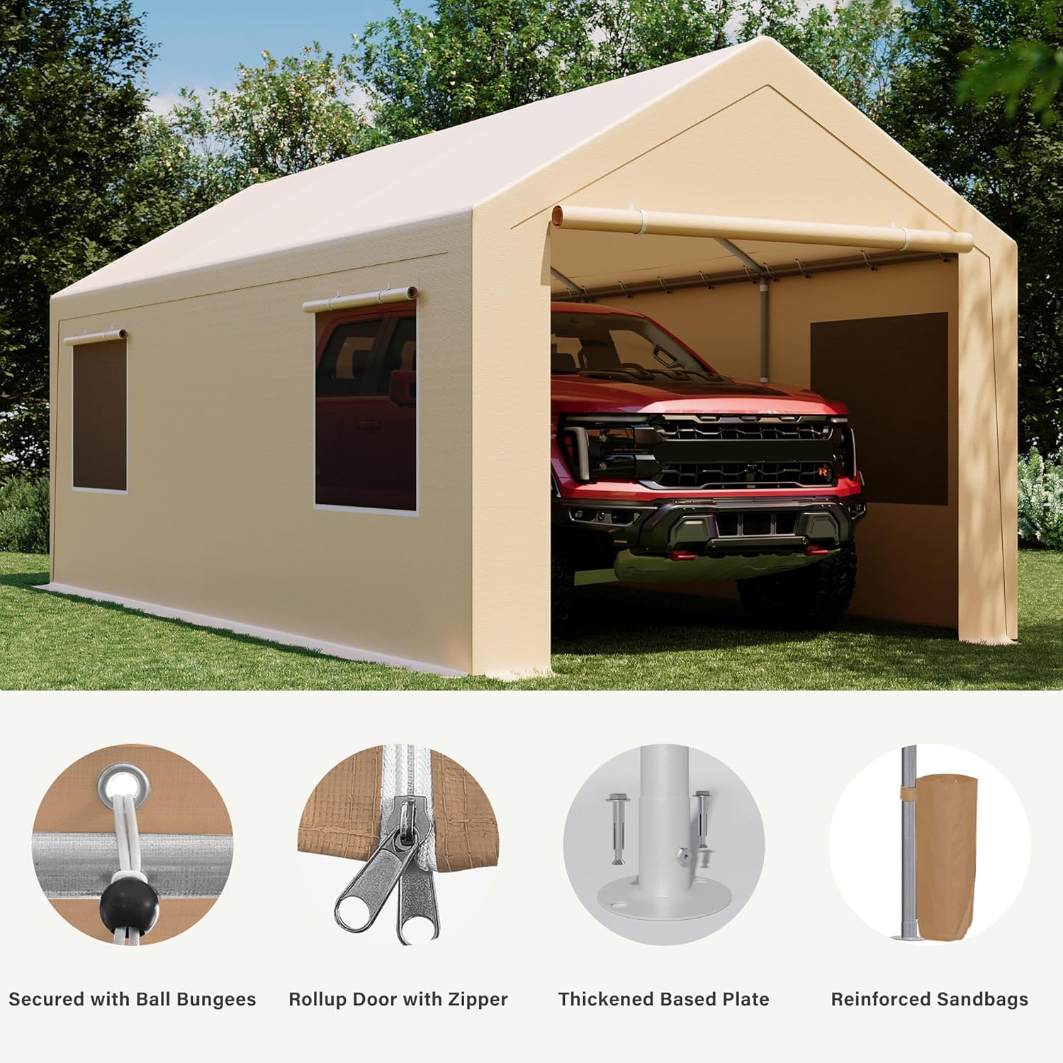 LAUSAINT HOME 10x20FT Carport, Heavy Duty Car Canopy with Roll-up Windows, Garage Storage Tent Shelter with Removable Sidewalls & Doors, for Boat, Car, Truck, Khaki