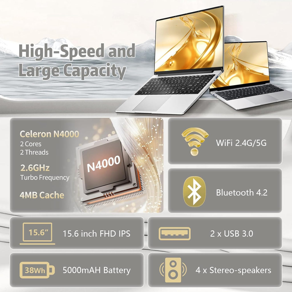 15.6 inch Laptop  Laptops with Celeron N4000  2025 Gaming Laptop for 8GB LPDDR4 256GB SSD  IPS FHD 1920x1080  WiFi+BT4.2+Mini HDMI+TF Card Slot  Traditional Laptops Computers Convertible 180° Netbook