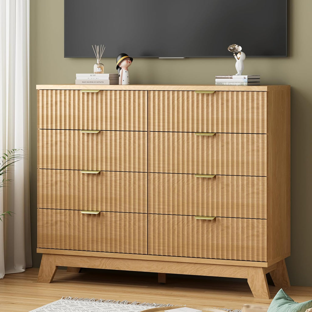 Fluted Dresser for Bedroom with 8 Drawers, 48" Wide Modern Chest of Drawers with Metal Handle, Wooden Dresser TV Stand, Wood Closet Clothes Storage Organizer for Living Room, Hallway, Natural Oak