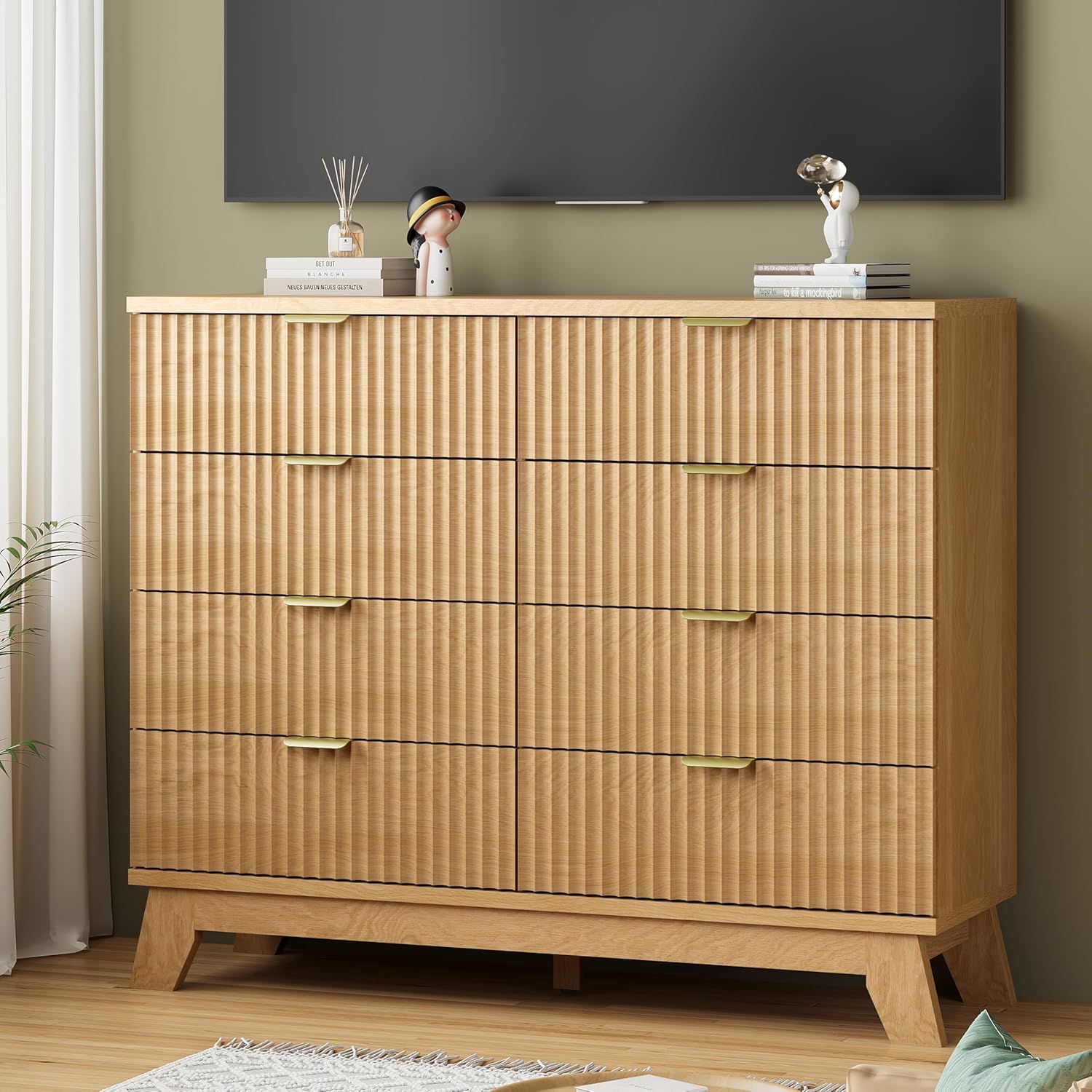 Fluted Dresser for Bedroom with 8 Drawers, 48" Wide Modern Chest of Drawers with Metal Handle, Wooden Dresser TV Stand, Wood Closet Clothes Storage Organizer for Living Room, Hallway, Natural Oak
