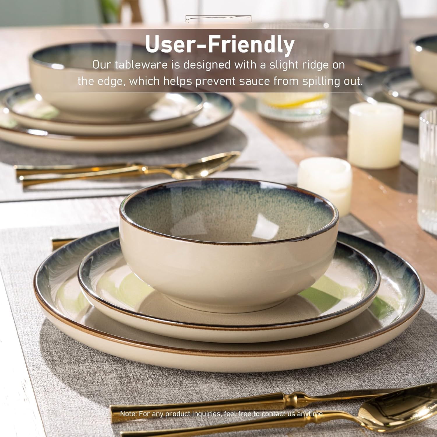 GBHOME Ceramic Dinnerware Sets for 4, 12 Pieces Stoneware Plates and Bowls Sets, Scratch Resistant Dishes, Dishwasher & Microwave Safe, Reactive Glaze-Gravel