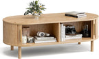 ZttRiee Coffee Table for Living Room, Modern Oval Coffee Table with Cabinets & Sliding Doors, Home Small Space, 47.2" Fluted Center Table, Natual