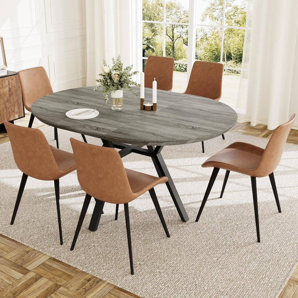 Extendable Round Dining Table Set for 6 People, 43.3"-59.1" Extendable Kitchen Table with 6 Upholstered Chairs, Space Saving for Kitchen Dining Room (Grey Table+6 Brown Chairs)