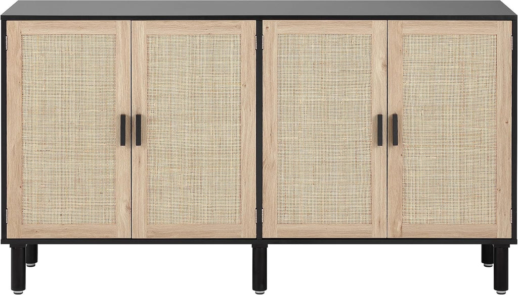 Finnhomy 4 Door Sideboard Buffet Cabinet, Kitchen Storage Cabinet with Rattan Decorated Doors, Cupboard Console Table, Boho Accent Liquor Cabinet, Bar Cabient, 62.3X 15.7X 34.6 Inches, Black