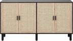 Finnhomy 4 Door Sideboard Buffet Cabinet, Kitchen Storage Cabinet with Rattan Decorated Doors, Cupboard Console Table, Boho Accent Liquor Cabinet, Bar Cabient, 62.3X 15.7X 34.6 Inches, Black