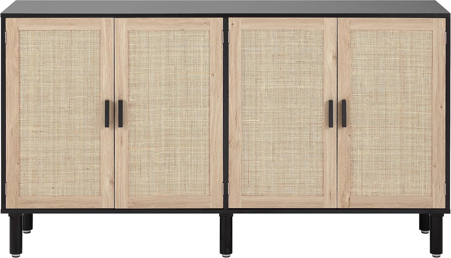 Finnhomy 4 Door Sideboard Buffet Cabinet, Kitchen Storage Cabinet with Rattan Decorated Doors, Cupboard Console Table, Boho Accent Liquor Cabinet, Bar Cabient, 62.3X 15.7X 34.6 Inches, Black