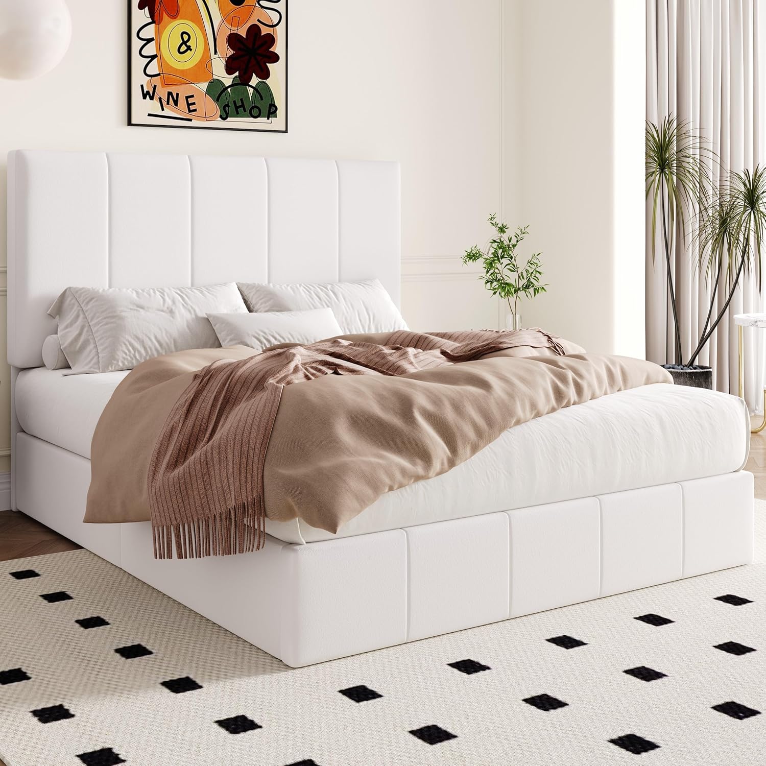 Allewie Queen Size Velvet Lift Up Storage Bed Frame, Vertical Channel Tufted Headboard, Hydrualic Underneath Storage, Upholstered Platform Bed, Wooden Slats Support, No Box Spring Needed, White
