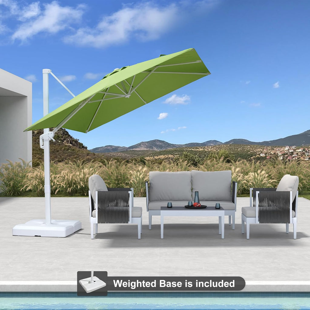 PURPLE LEAF 8 FT Patio Umbrella With Base White Cantilever Umbrella Square Outdoor Offset Umbrella Windproof with 360° Rotation for Garden Deck Pool, Macaw Green