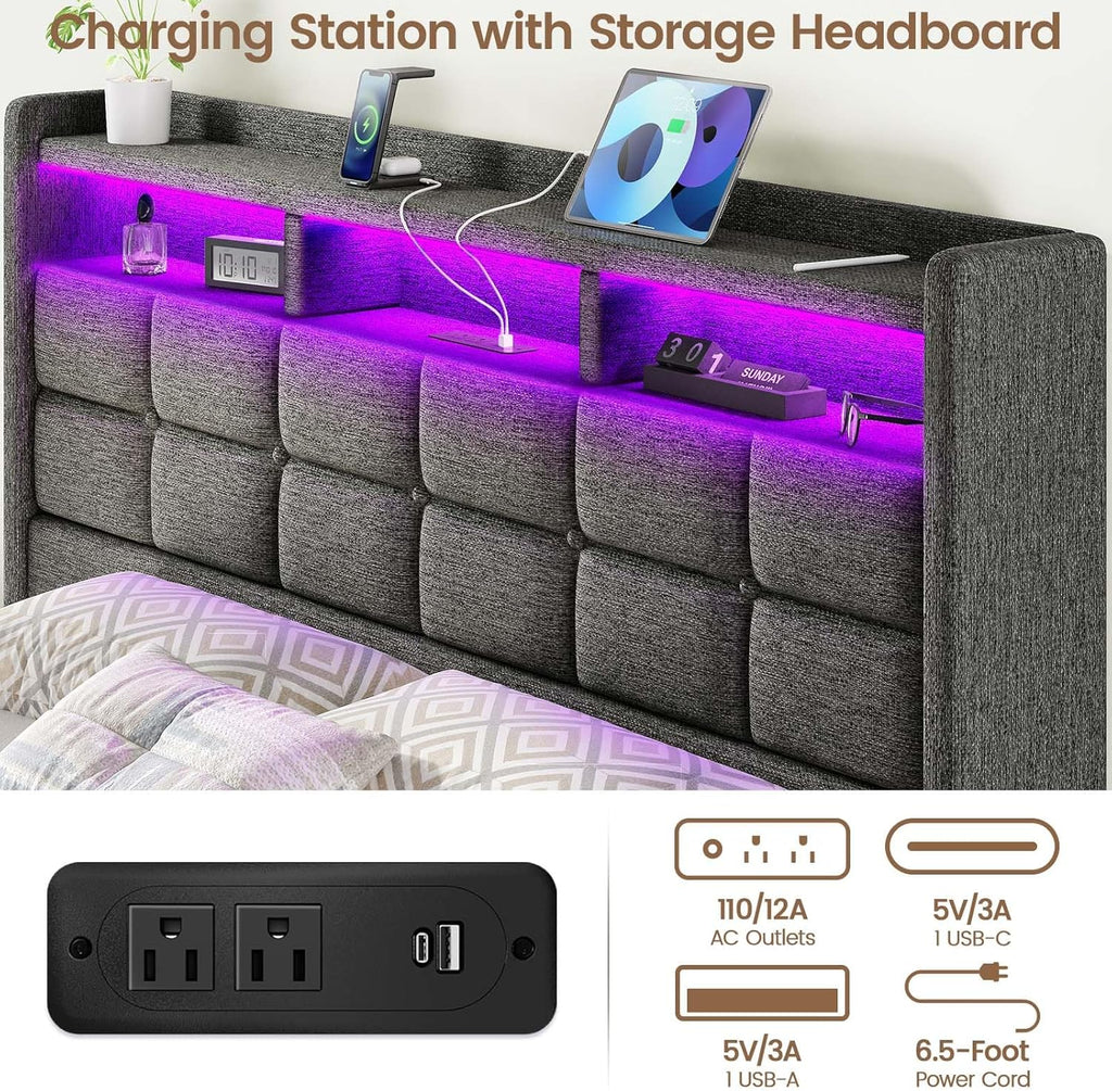 Lift Up Full Size Bed Frame with Storage, Upholstered Full Bed Frame with LED Lights Headboard and Charging Station, No Box Spring Needed, Easy Assembly - Dark Grey