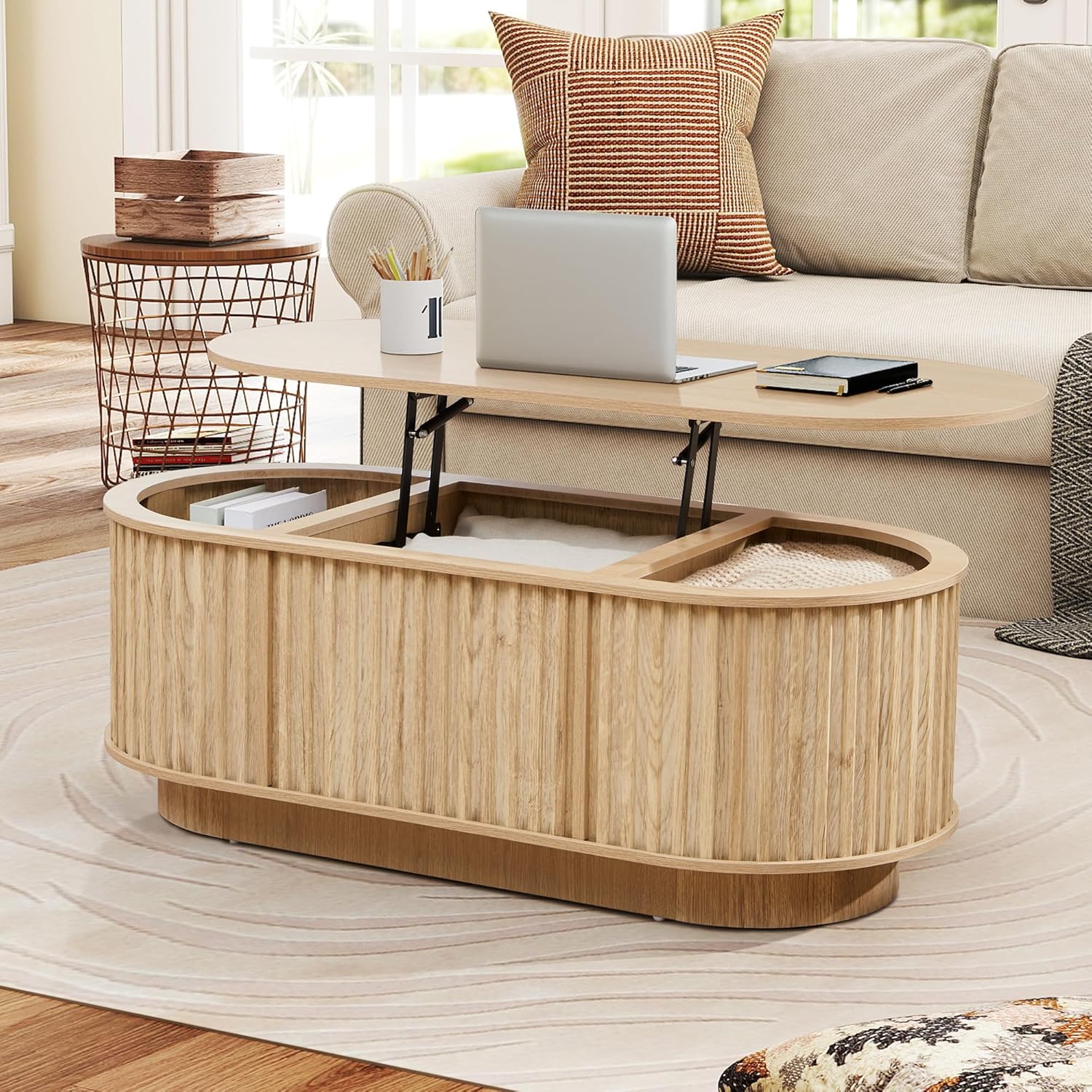 43.3''Lift Top Coffee Table with Storage,Oval Center Table with Hidden Compartment,Mid Century Modern Coffee Tables for Living Room,Fluted Wooden Lift Tabletop for Small Space Apartment Office,Natural