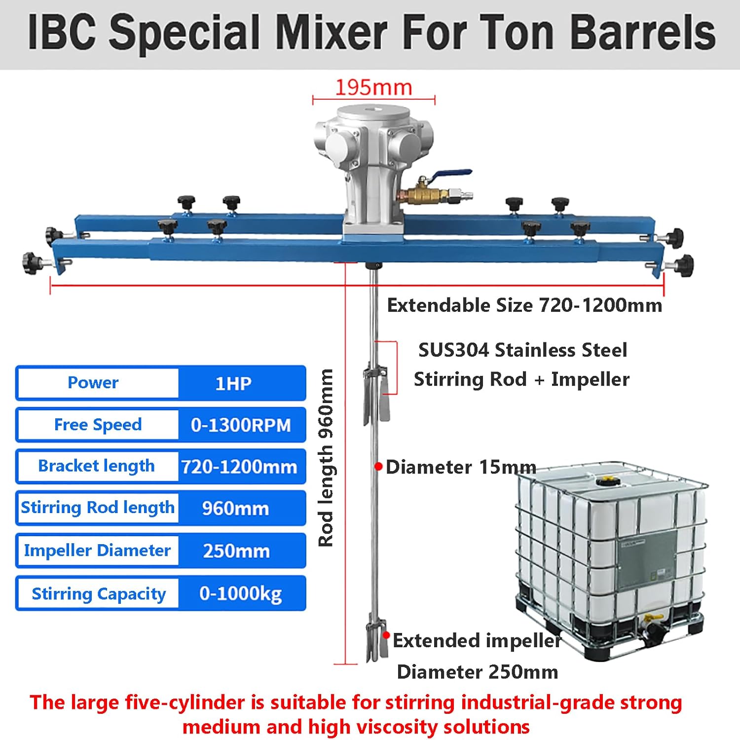 IBC Air Agitator, 265 Gallon Pneumatic Paint Mixer, Folding Propeller, Bracket Mixer, Paint Stirring Machine Mix Tool, Special for IBC Ton Barrels