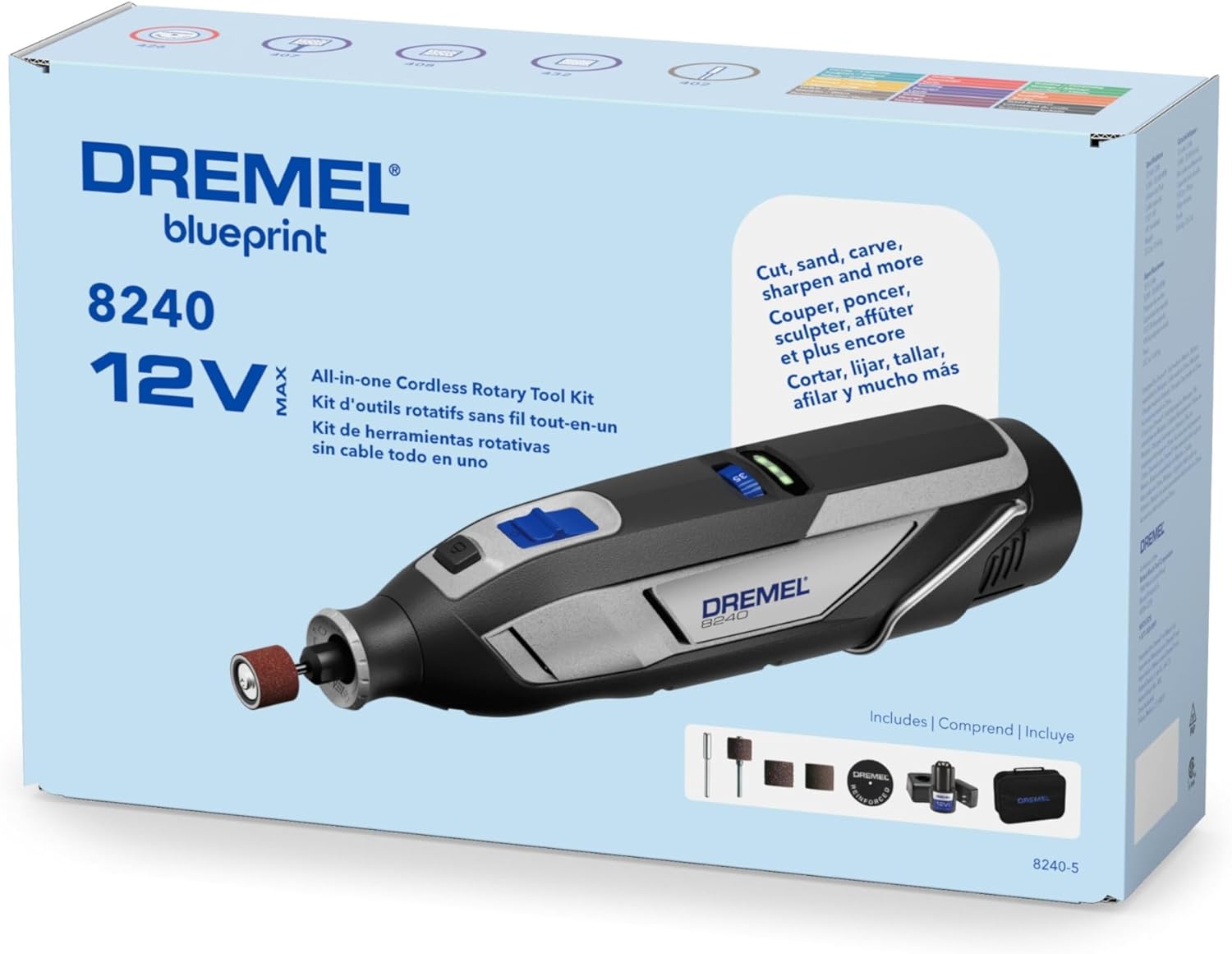 Dremel 8240-5 12V Cordless Rotary Tool Kit with Variable Speed and Comfort Grip - Includes 2AH Battery Pack, Charger, 5 Accessories, Wrench, and Tool Fabric Carry Bag