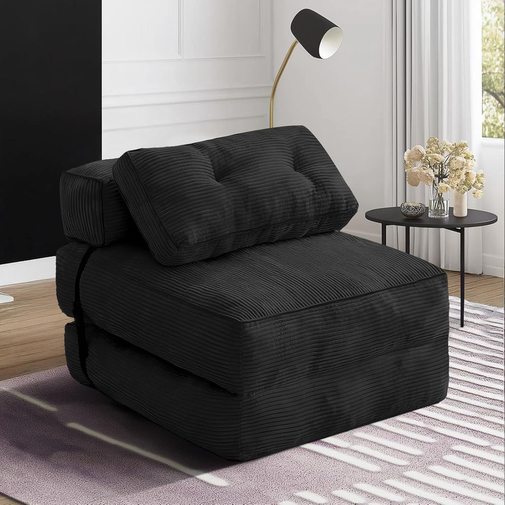 tantohom Folding Sofa Bed, Convertible Sleeper Chair with Pillow Foldable Mattress with Back Support,Space-Saving Sofa for Living Room,Bedroom (Black)