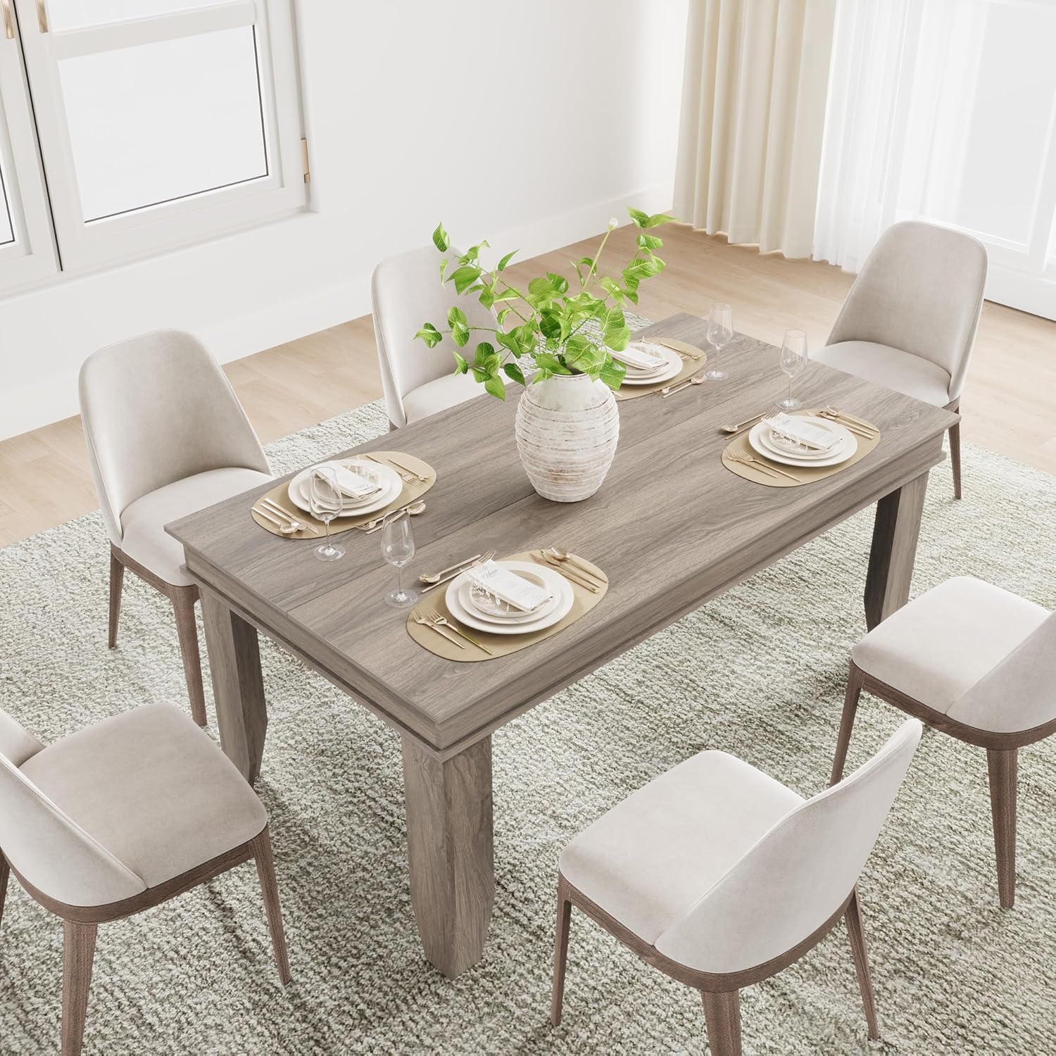 GarveeHome Farmhouse Dining Table for 4-6 People, 63 in Long Kitchen Tables with Wooden Sturdy Frame, 5 ft Large Rectangular Dinner Table for Dining Room, Kitchen, Grey Walnut, 63" Non-extendable