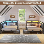 Hasuit Corner Bed Frame with Storage Drawers, Twin Daybed with Line Fabric Upholstered Fence, Kids Bed Unit with LED Light and Charging Station, Modern Bed Frame